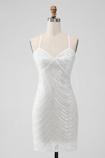 Vestido corto de regreso a casa ajustado de lentejuelas blancas con espalda cruzada